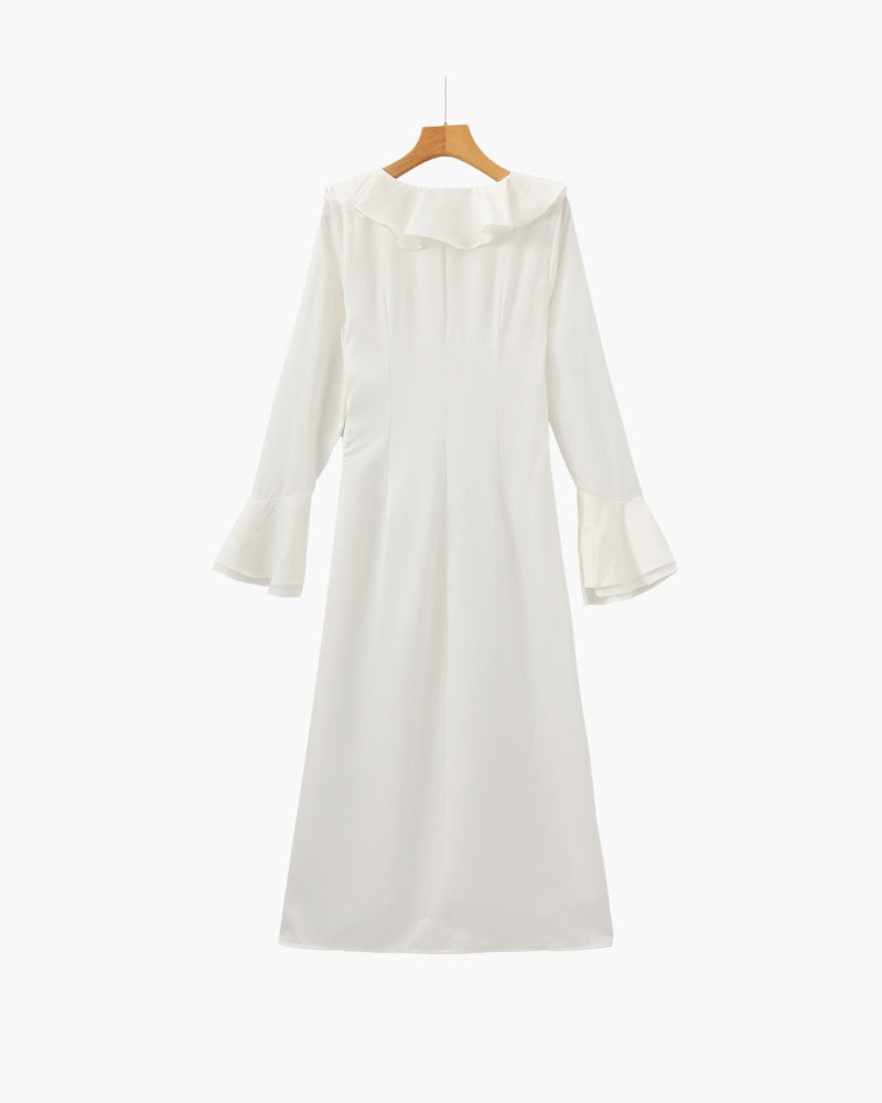 Vestito Midi con Volant e Bottoni Perla