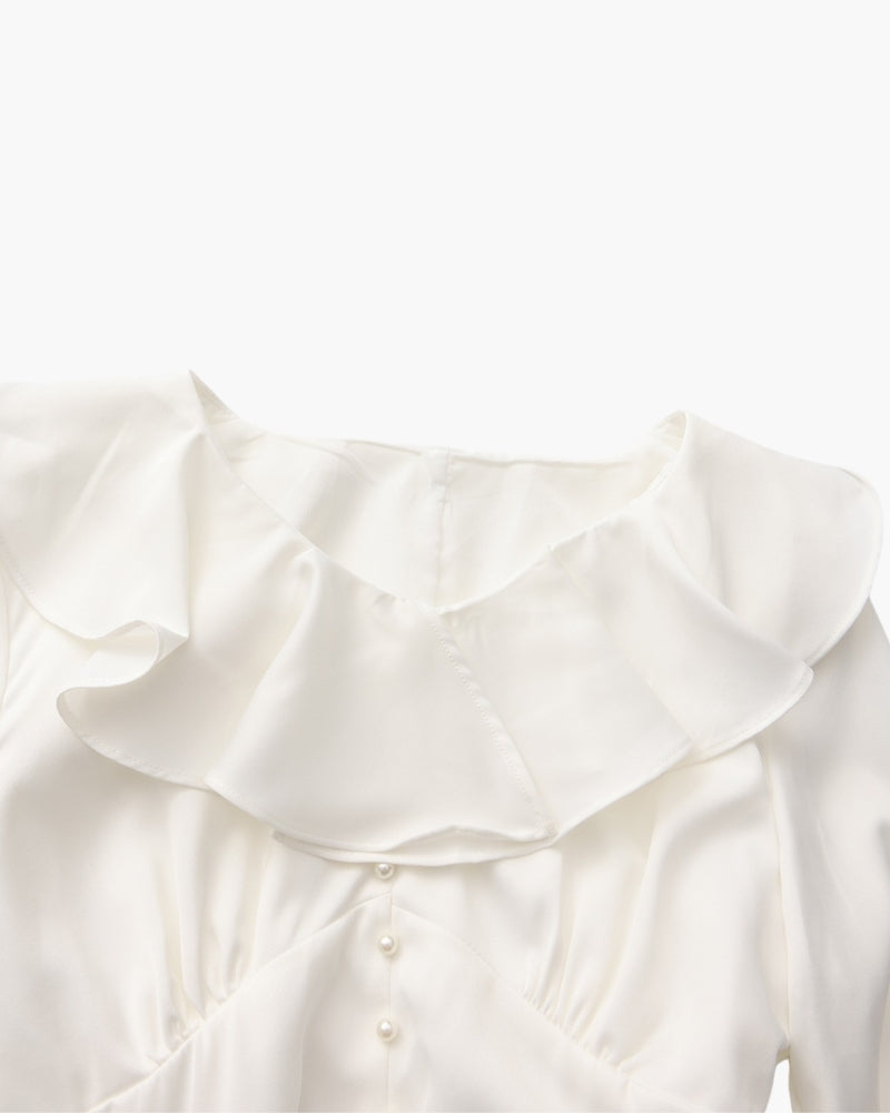 Vestito Midi con Volant e Bottoni Perla